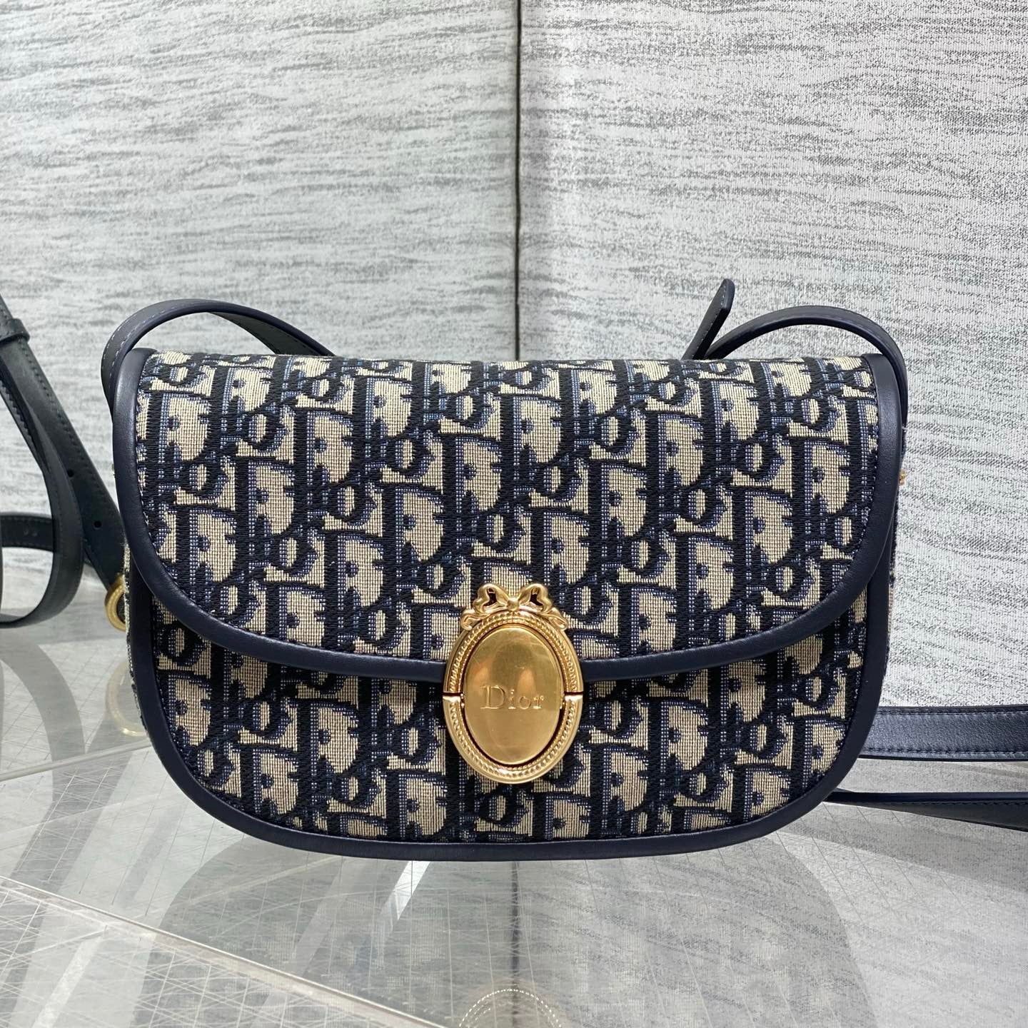 Dior 2026 Medaillon Oblique Jacquard Flap Bag 23cm Blue Beige Fabric 355386