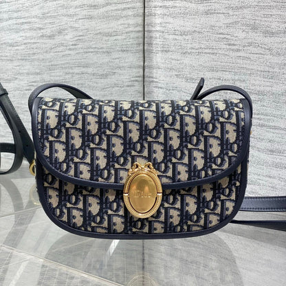Dior 2026 Medaillon Oblique Jacquard Flap Bag 23cm Blue Beige Fabric 355386