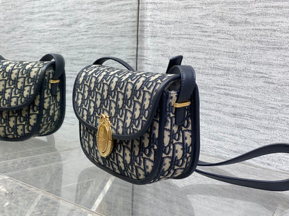 Dior 2026 Medaillon Oblique Jacquard Flap Bag 23cm Blue Beige Fabric 355386
