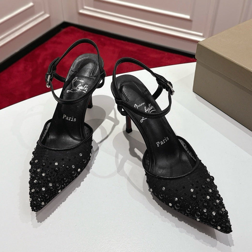 Christian Louboutin Miss Z Degrastrass Perla Slingback Pump Mesh Strass Leather 863574