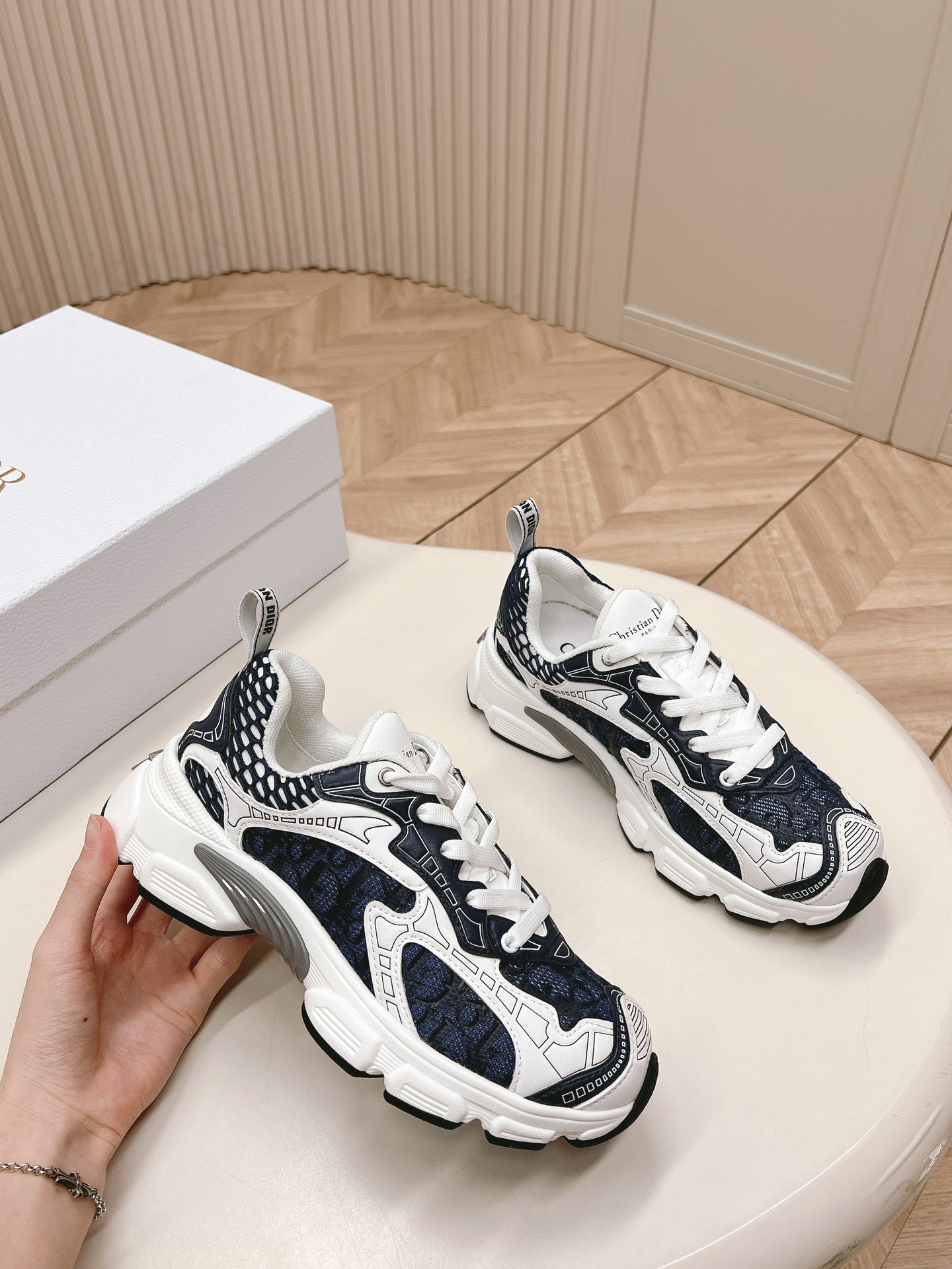 CD 26s Chrono Sneakers White Navy Blue Cowhide Mesh 643751