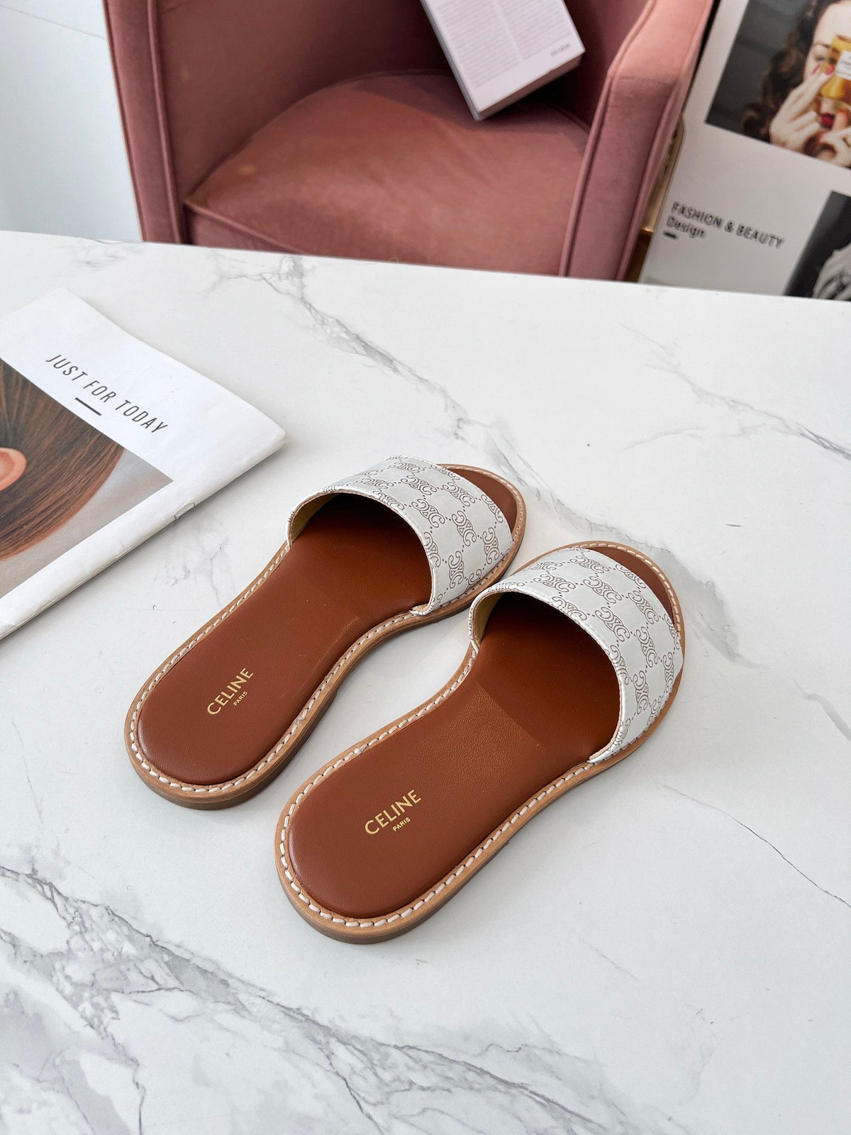Celine 25C Slippers White Monagram Silk with Calfskin 238145