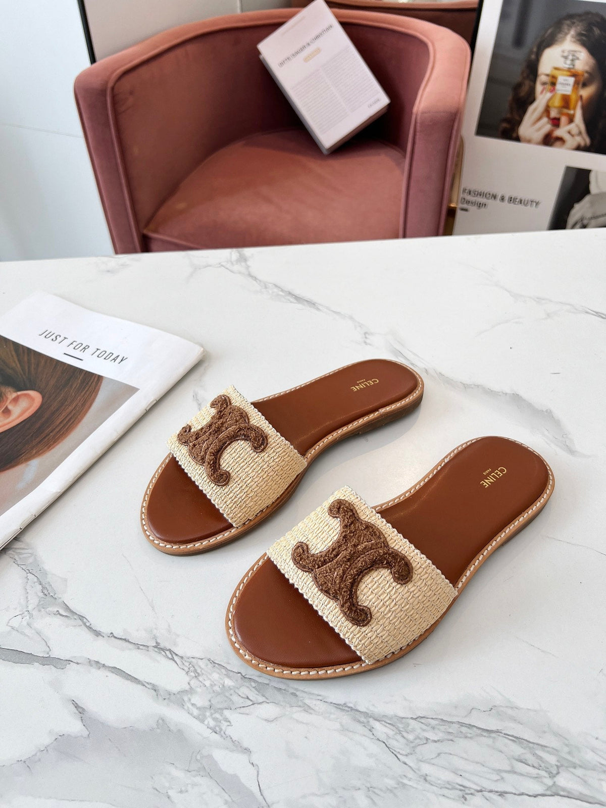 Celine 25C Slippers Beige mix Coffee Fabric with Calfskin 238149