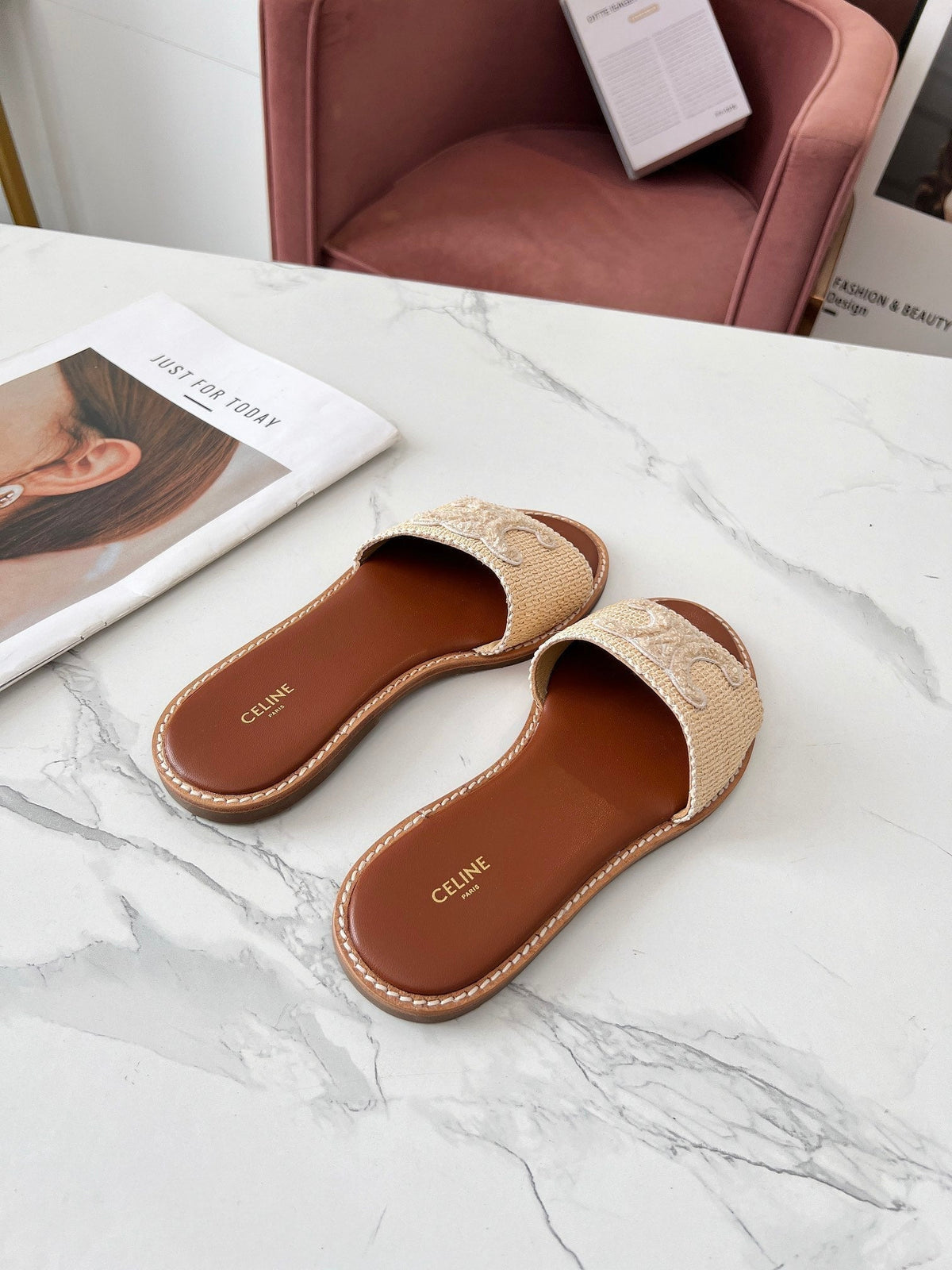 Celine 25C Slippers Beige Fabric with Calfskin 238154