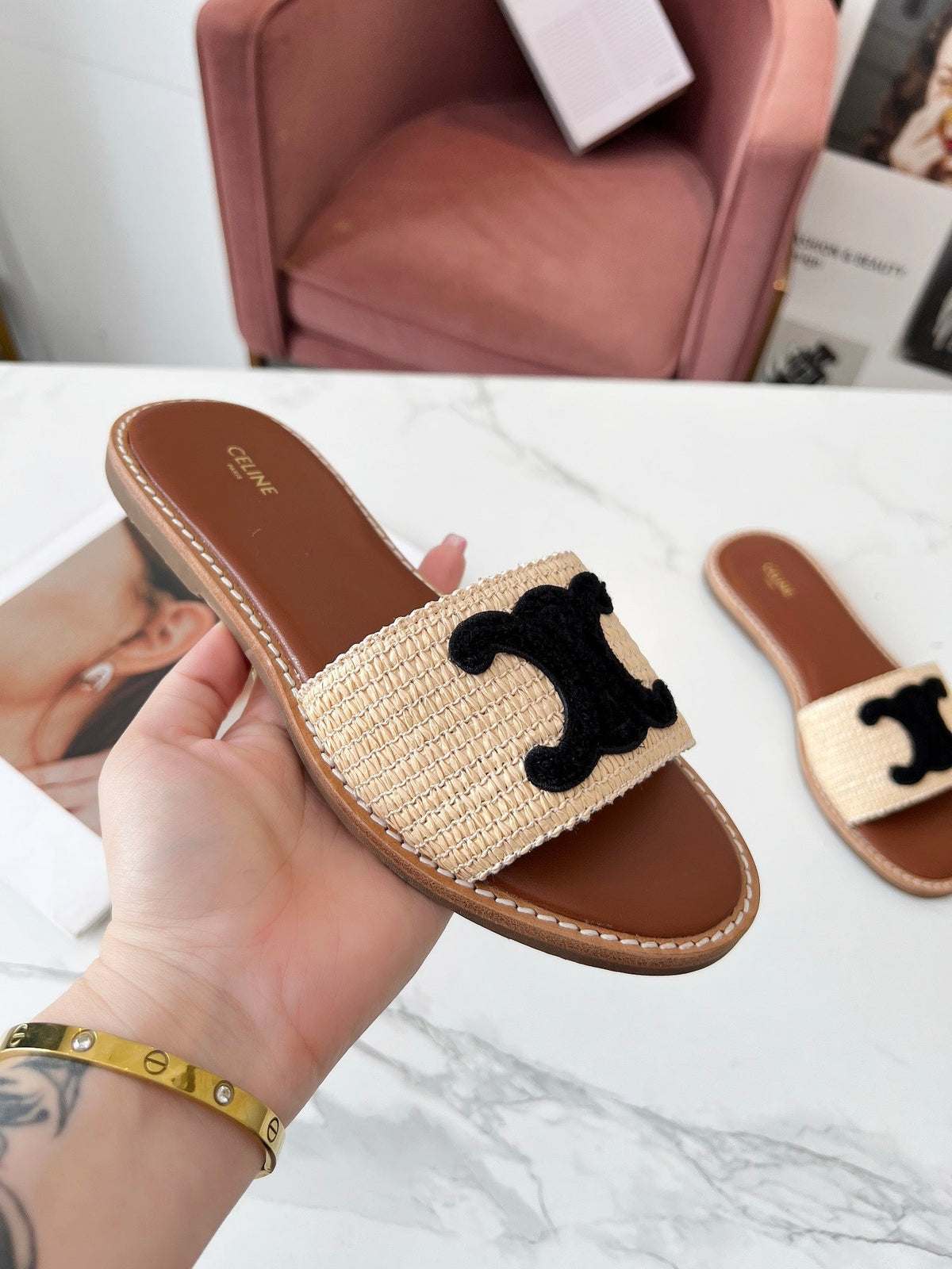 Celine 25C Slippers Beige mix Black Fabric with Calfskin 238156