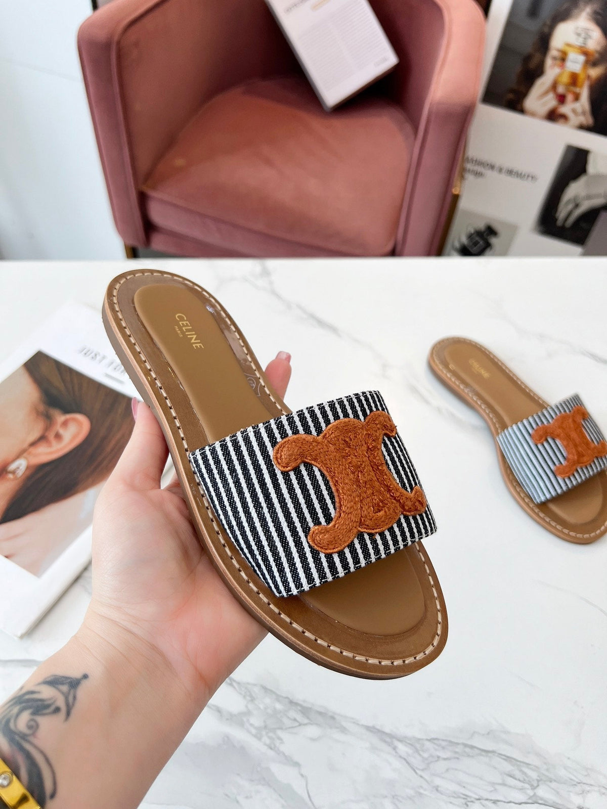 Celine 25C Slippers Black mix Orange Fabric with Calfskin 238170