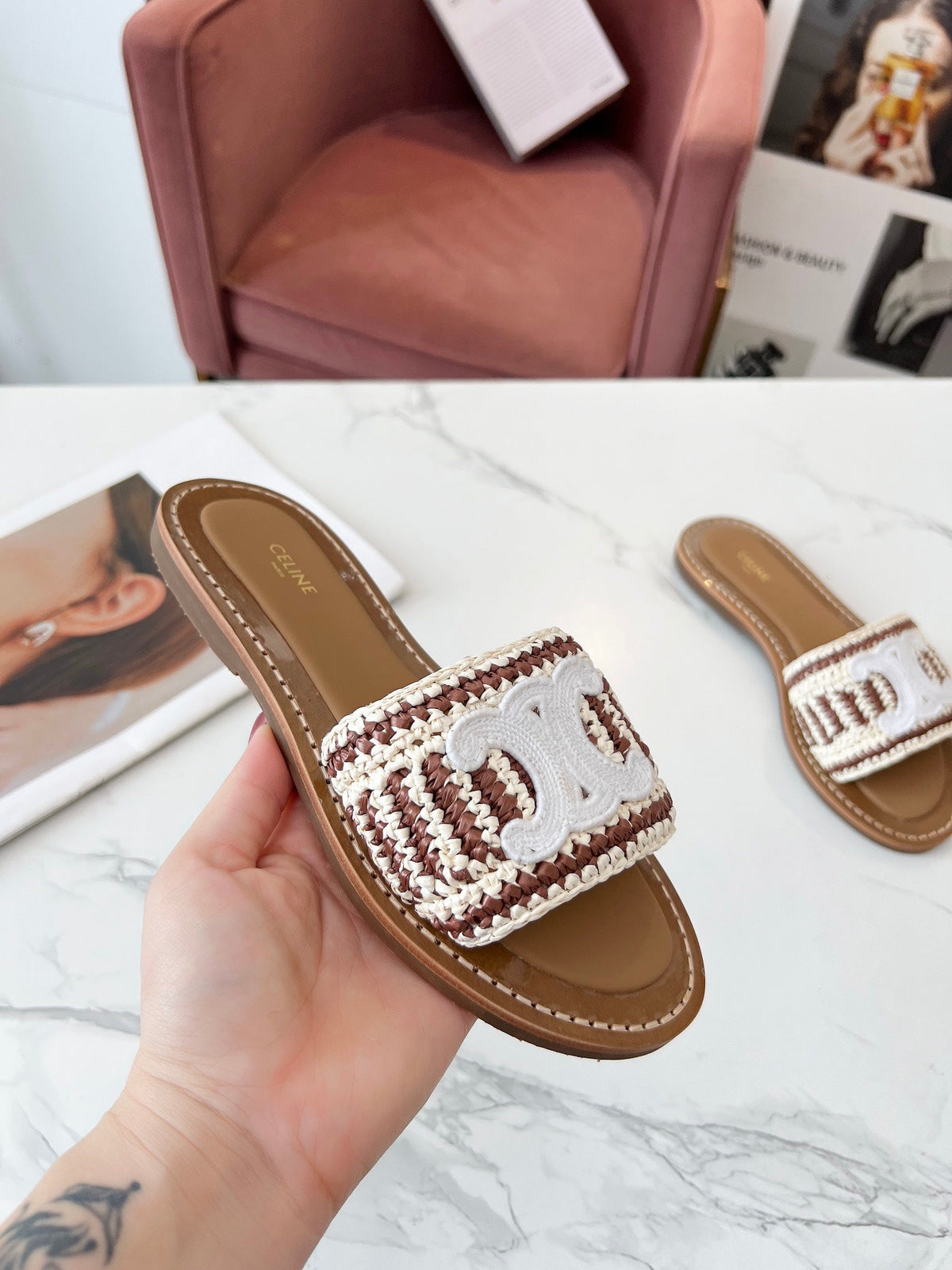 Celine 25C Slippers Beige mix Brown Fabric with Calfskin 238160