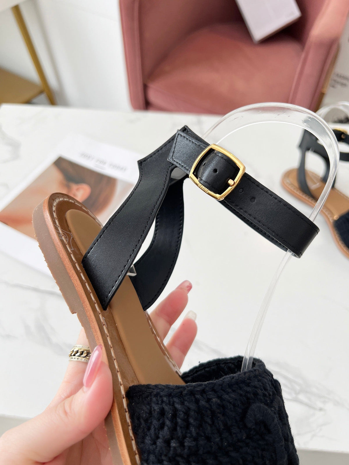 Celine 25C Lympia Sandal Black Fabric with Calfskin 238176