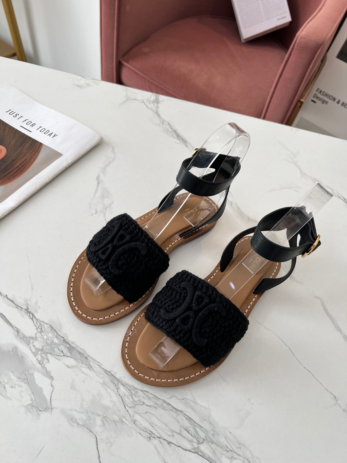 Celine 25C Lympia Sandal Black Fabric with Calfskin 238176