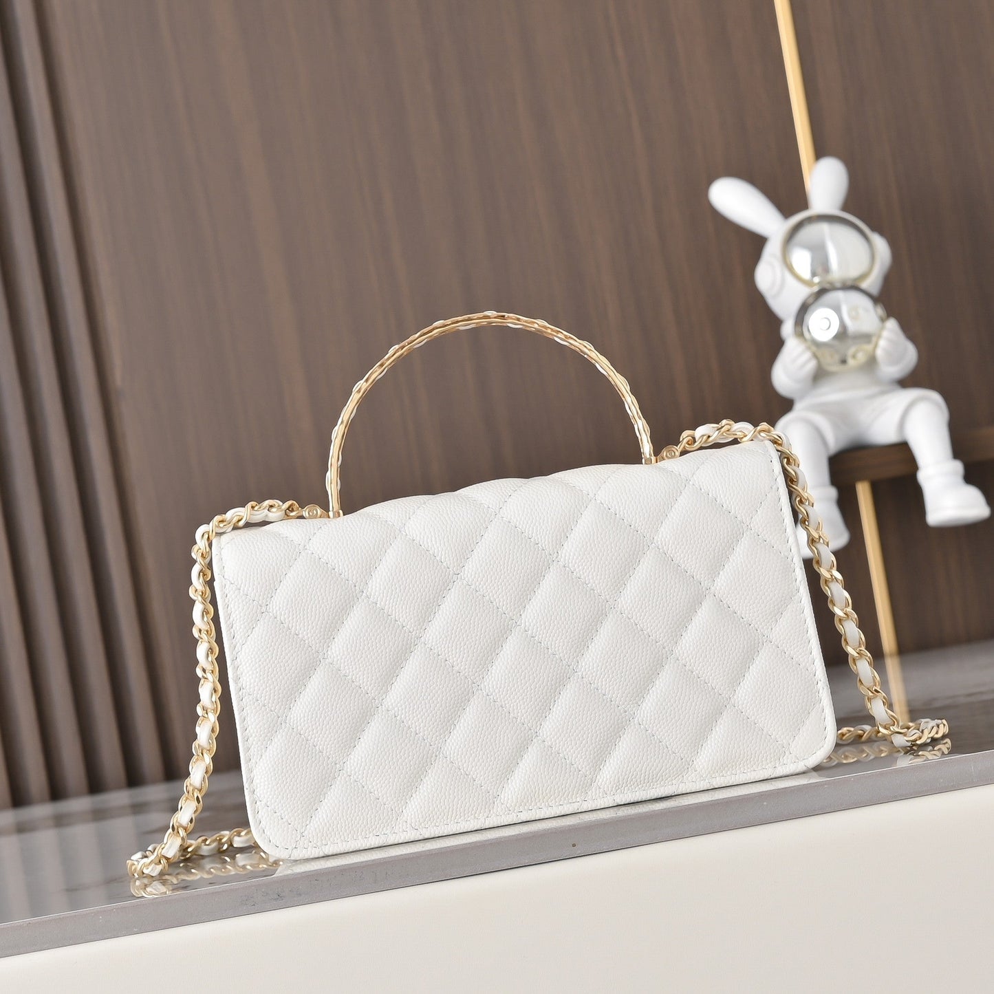 Chanel 2026 Gold Handle Bag 18.5cm Black and White Calfskin