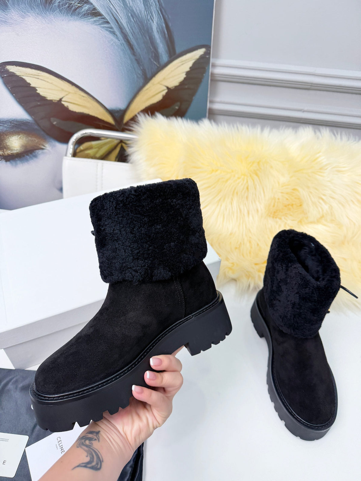Celin Spring Runway Ankle Boots Black Fur Suede 567511