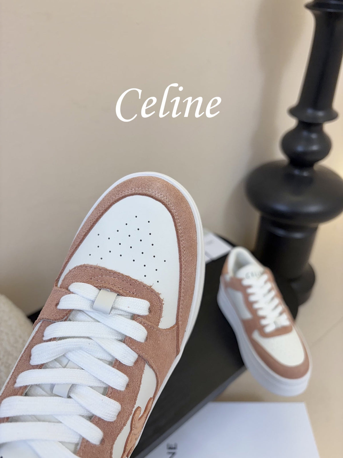 Celine Block Wedge Sneaker White Tan Suede Calfskin 606413