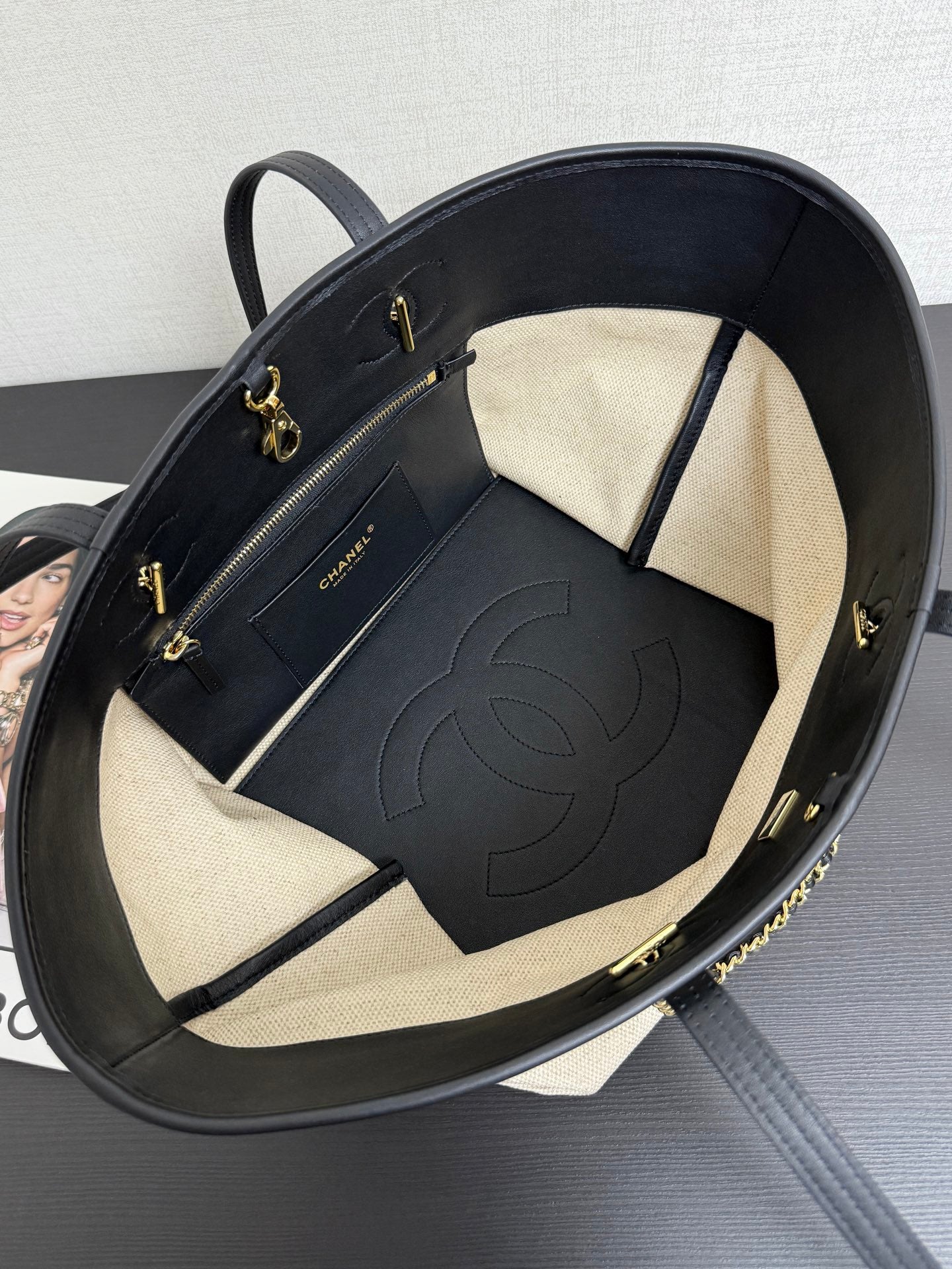 Chanel 2026 Coco Beach Beach Tote Bag 46cm Off-white mix Black Canvas Leather