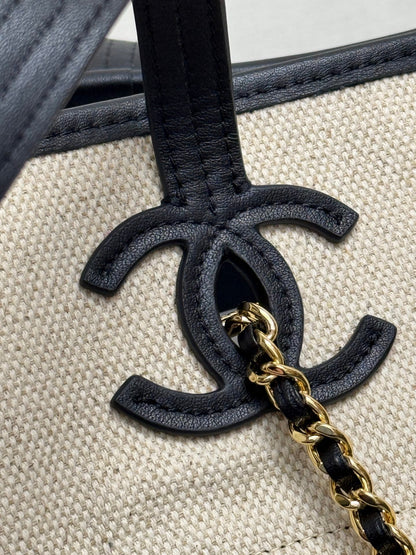 Chanel 2026 Coco Beach Beach Tote Bag 46cm Off-white mix Black Canvas Leather