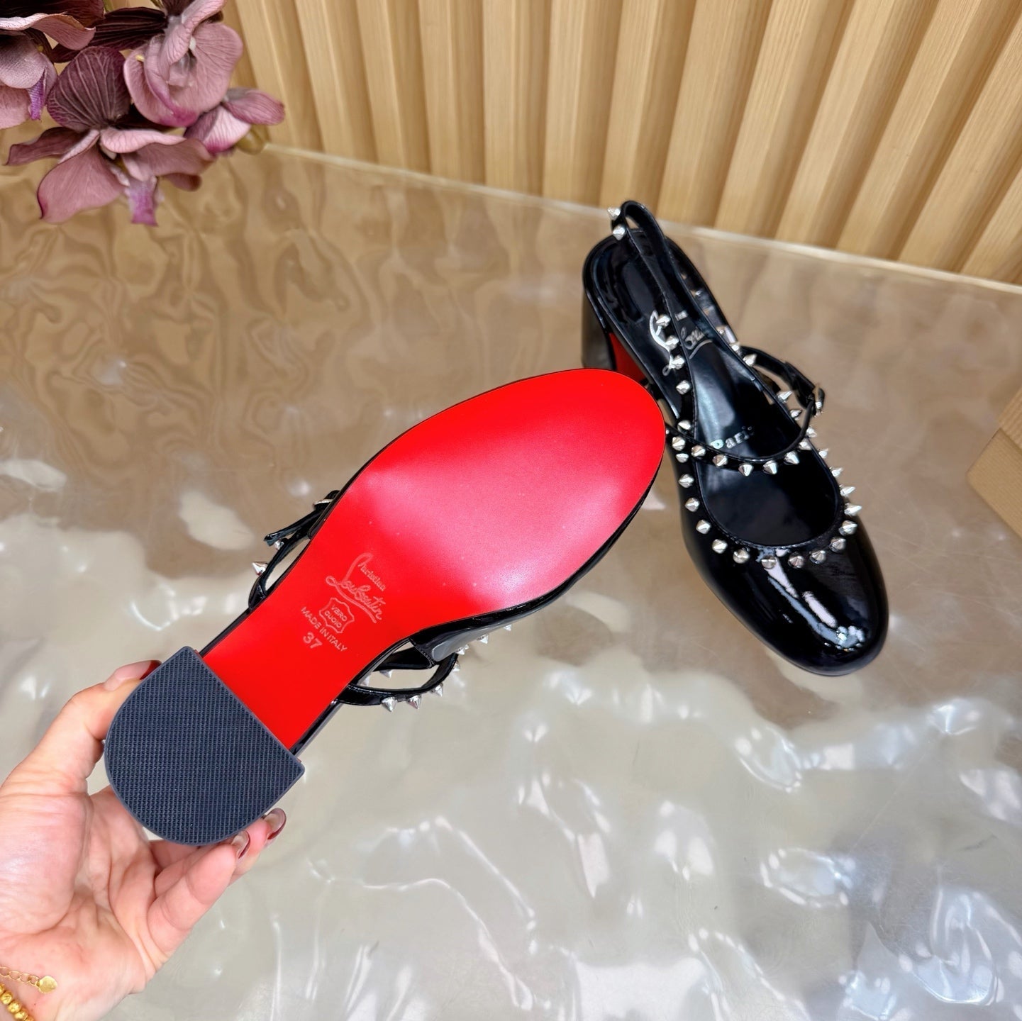 Christian Louboutin 2026 Janispikes 55mm Mary Jane Pumps Patent Leather 698239