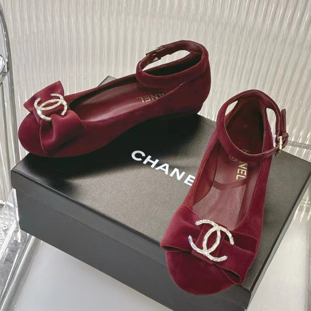 Chanel 2026 Mary Jane Ballet Flats Velvet Crystal CC Logo Bow 791128
