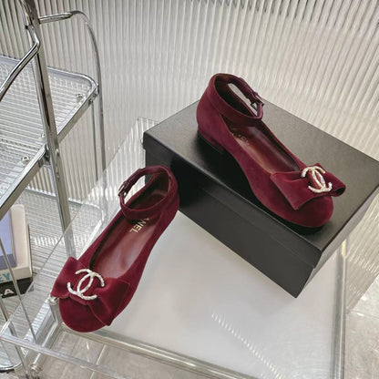 Chanel 2026 Mary Jane Ballet Flats Velvet Crystal CC Logo Bow 791128