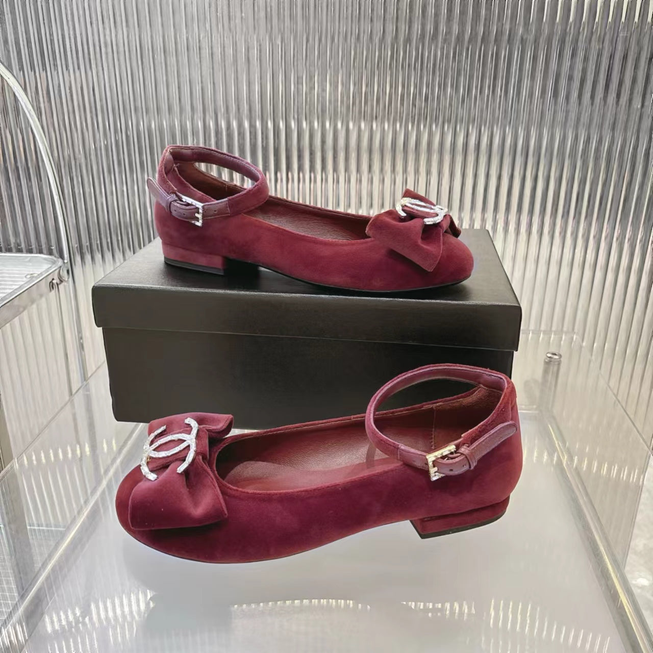 Chanel 2026 Mary Jane Ballet Flats Velvet Crystal CC Logo Bow 791128