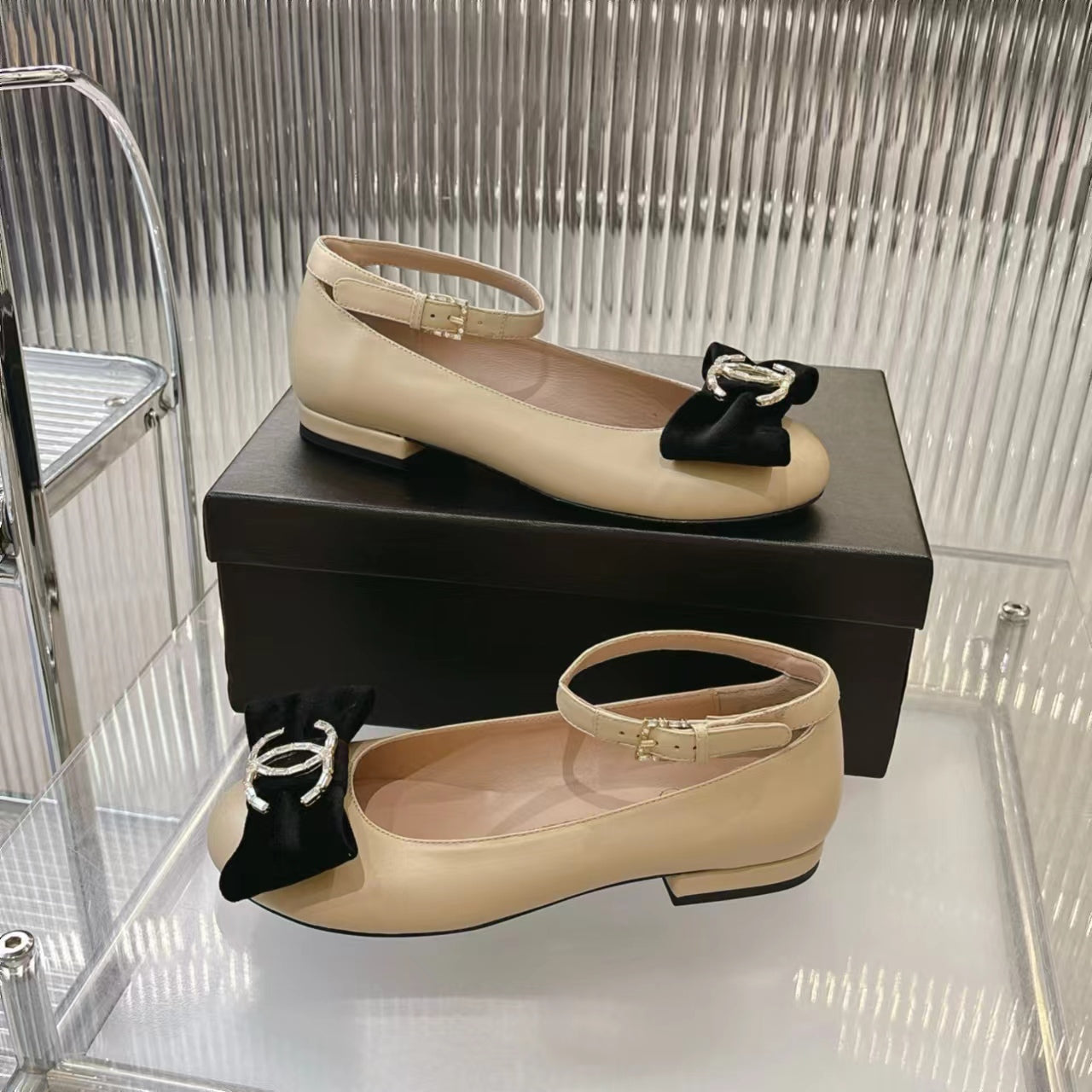 Chanel 2026 Mary Jane Ballet Flats Sheepskin Crystal CC Logo Bow 791131