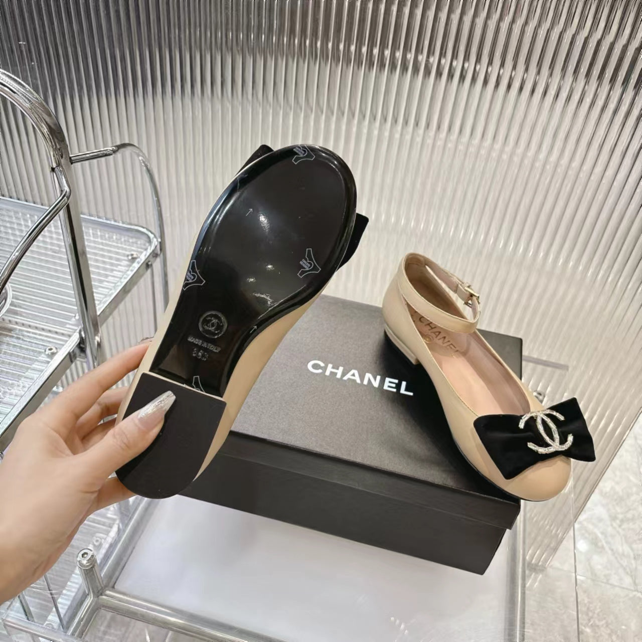 Chanel 2026 Mary Jane Ballet Flats Sheepskin Crystal CC Logo Bow 791131