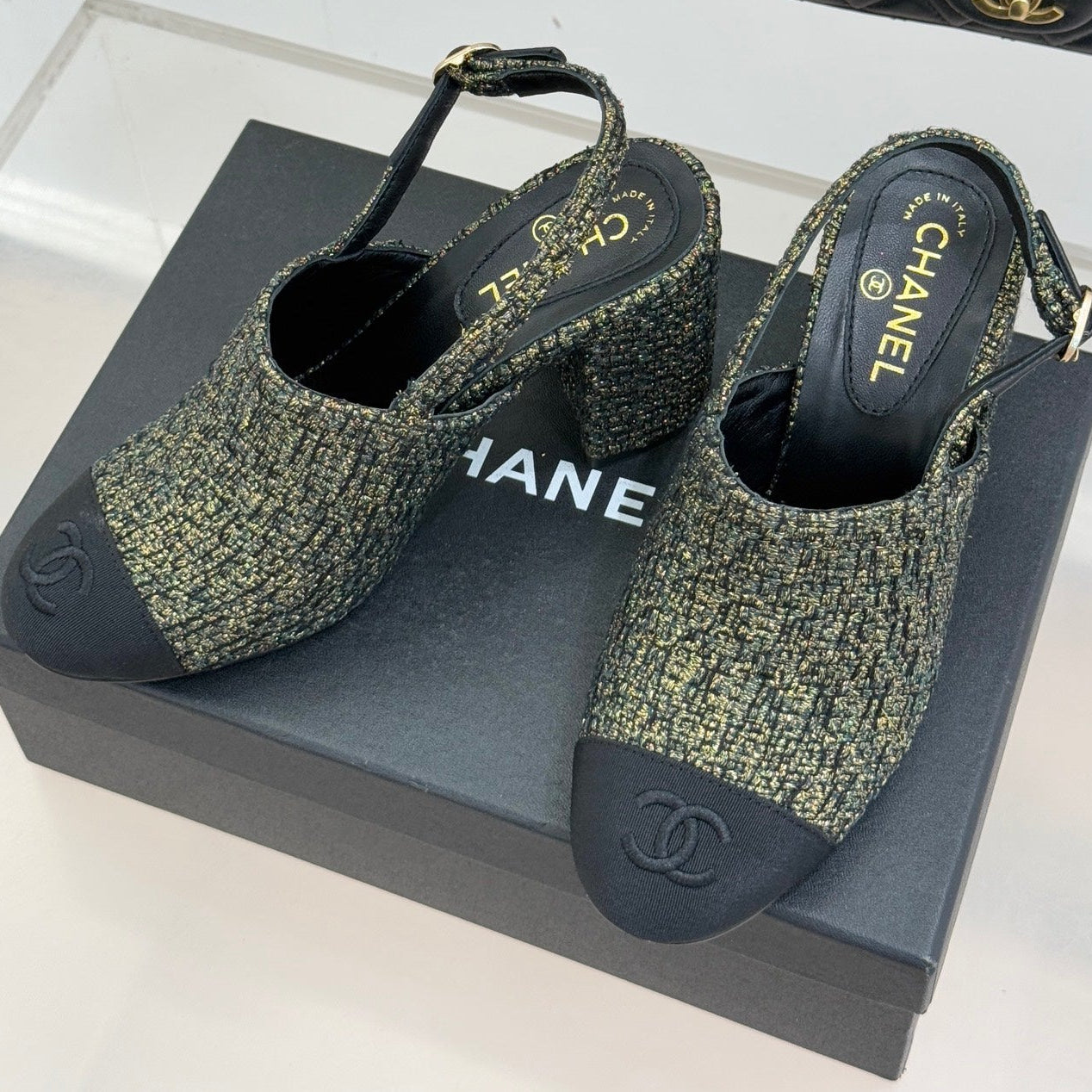 CC 26 Slingback Gold mix Black Tweed Grosgrain 609989