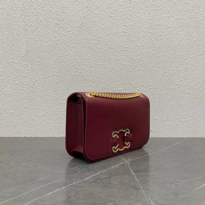 Celine 2026 Medium Bag 23cm Triomphe Frame Burgundy Shiny Calfskin