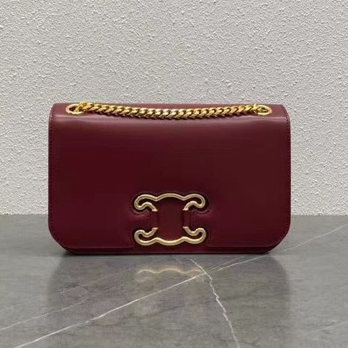 Celine 2026 Medium Bag 23cm Triomphe Frame Burgundy Shiny Calfskin