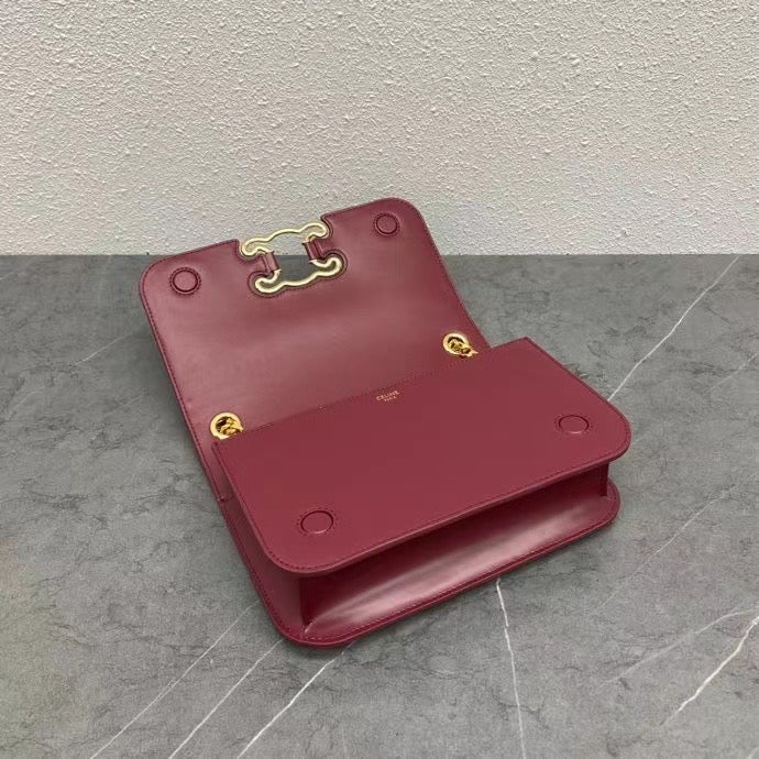 Celine 2026 Medium Bag 23cm Triomphe Frame Burgundy Shiny Calfskin