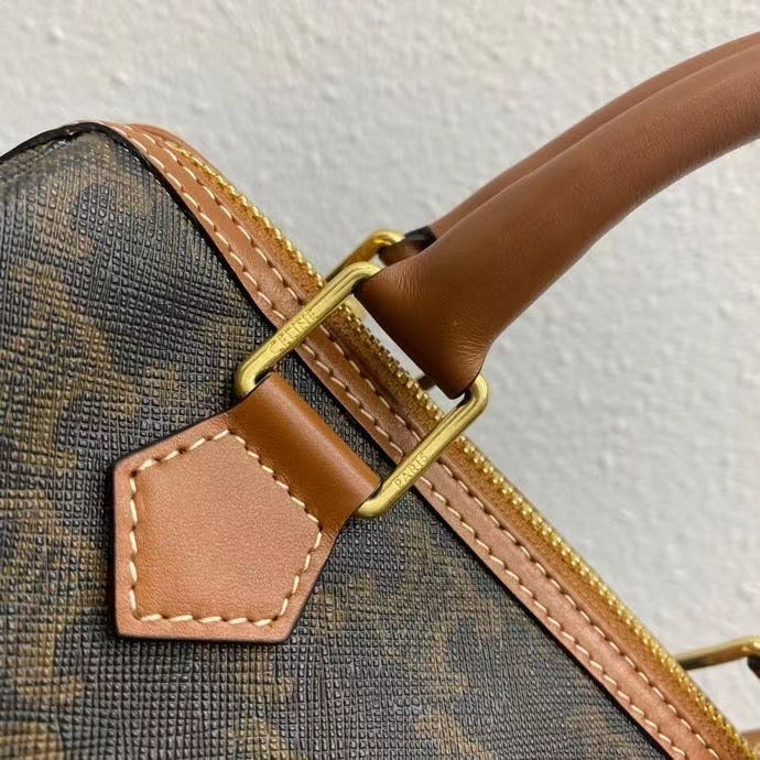 Celine 2026 Boston Bag 19.5cm Black Brown Triomphe Canvas Calfskin 281911