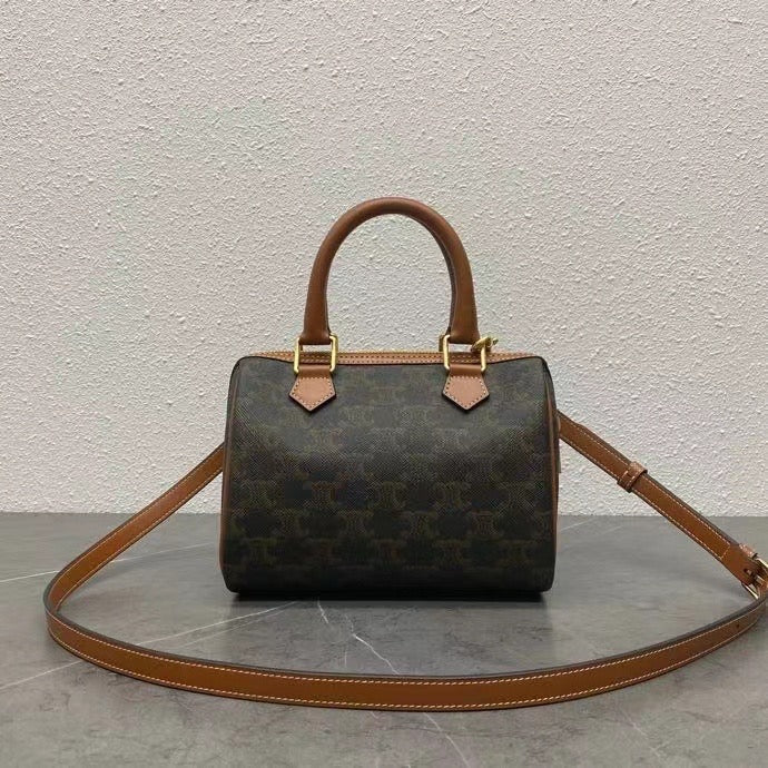 Celine 2026 Boston Bag 19.5cm Black Brown Triomphe Canvas Calfskin 281911