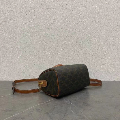 Celine 2026 Boston Bag 19.5cm Black Brown Triomphe Canvas Calfskin 281911