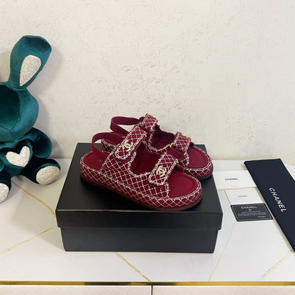 Chanel 2026 Velcro Sandals CC Logo Details Tweed Sheepskin 779368