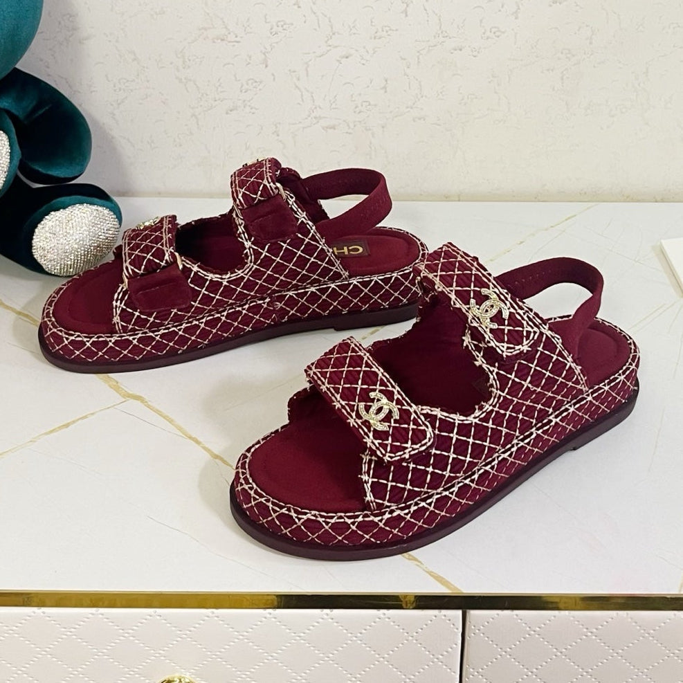 Chanel 2026 Velcro Sandals CC Logo Details Tweed Sheepskin 779368