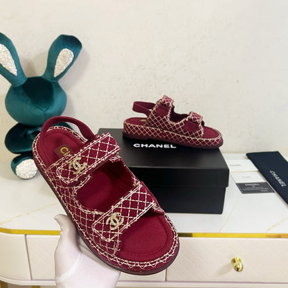 Chanel 2026 Velcro Sandals CC Logo Details Tweed Sheepskin 779368