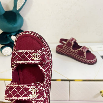 Chanel 2026 Velcro Sandals CC Logo Details Tweed Sheepskin 779368