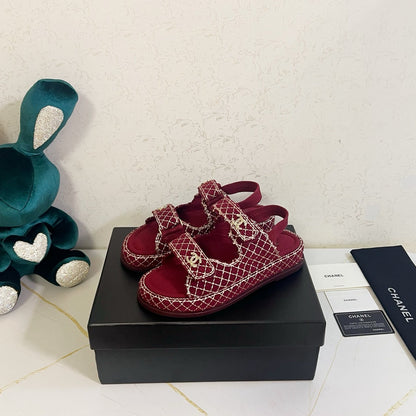 Chanel 2026 Velcro Sandals CC Logo Details Tweed Sheepskin 779368