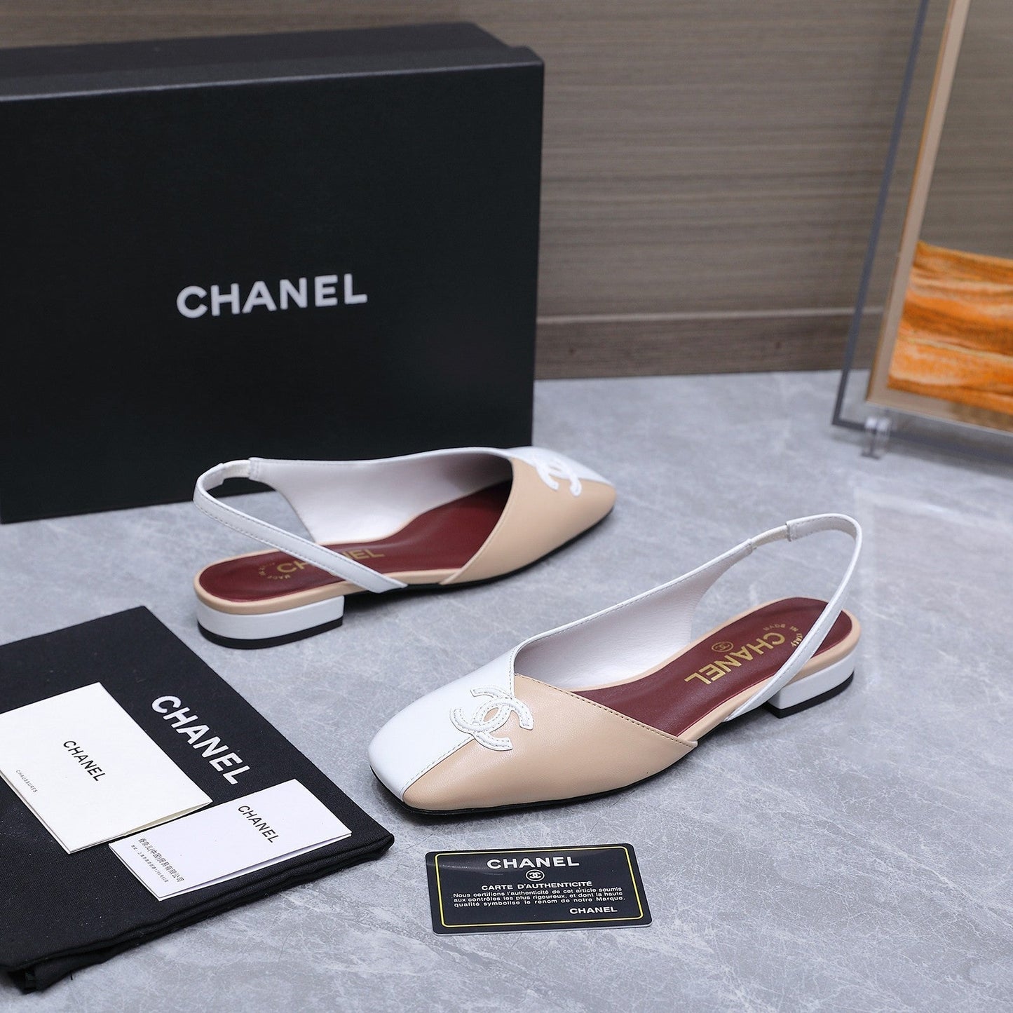 Chanel 2026 Slingback Beige White Suede Leather 758403