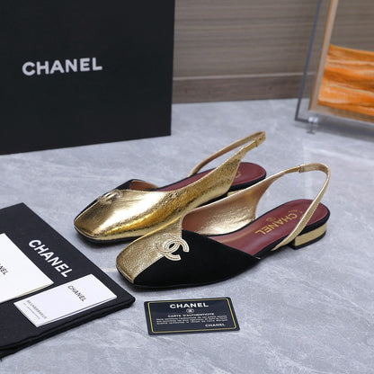 Chanel 2026 Slingback Black Gold Suede Leather 758405