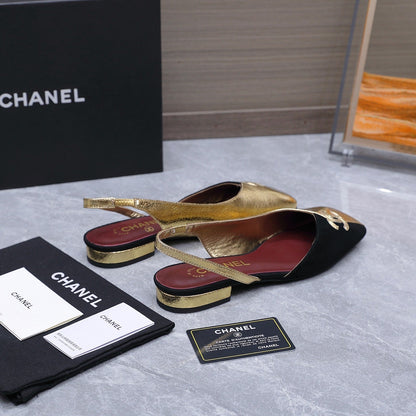Chanel 2026 Slingback Black Gold Suede Leather 758405