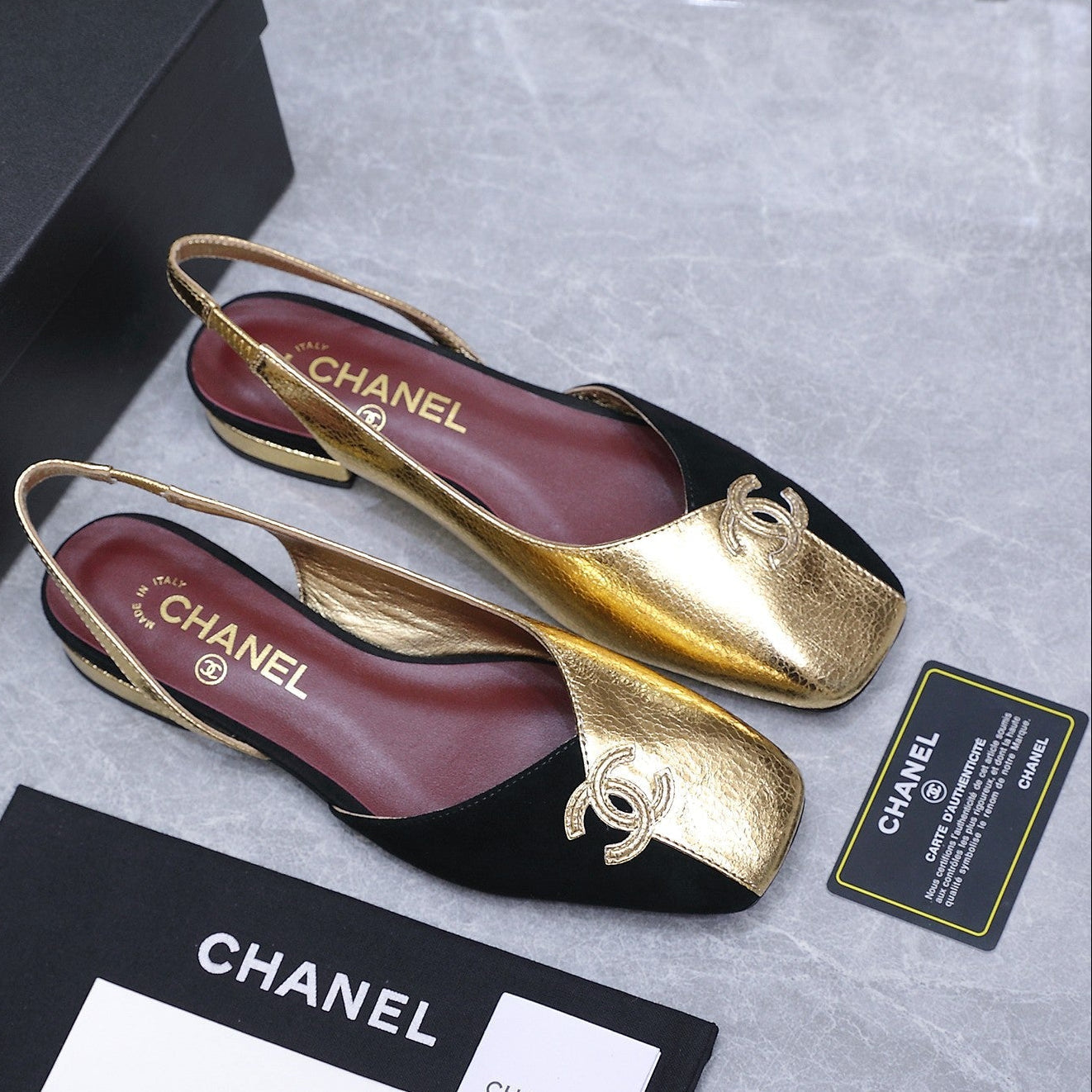 Chanel 2026 Slingback Black Gold Suede Leather 758405