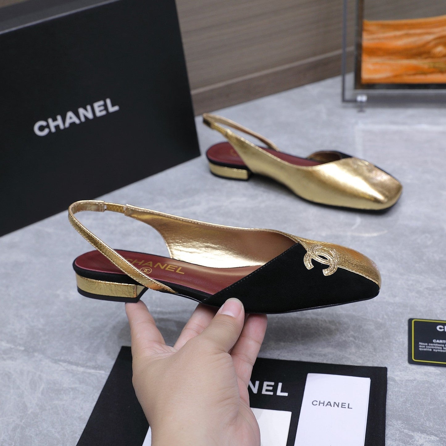 Chanel 2026 Slingback Black Gold Suede Leather 758405