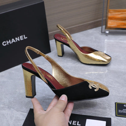 Chanel 2026 High-Heeled Slingback 60mm Black Gold Suede Leather 758409