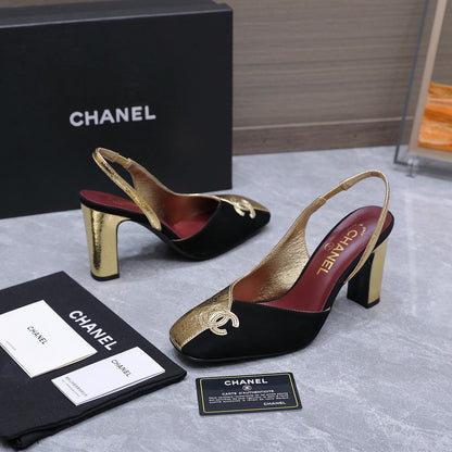 Chanel 2026 High-Heeled Slingback 60mm Black Gold Suede Leather 758409