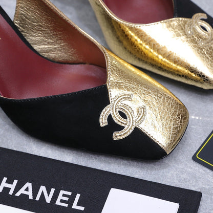 Chanel 2026 High-Heeled Slingback 60mm Black Gold Suede Leather 758409
