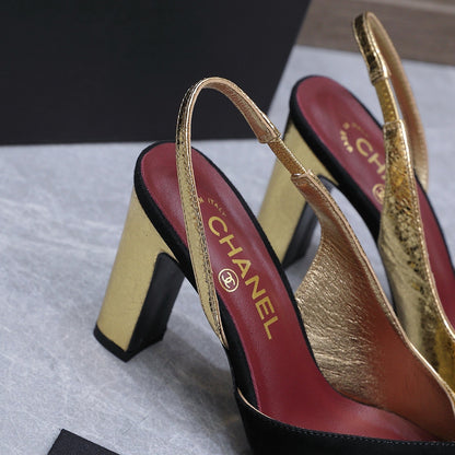 Chanel 2026 High-Heeled Slingback 85mm Black Gold Suede Leather 758409