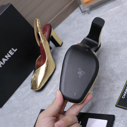 Chanel 2026 High-Heeled Slingback 85mm Black Gold Suede Leather 758409
