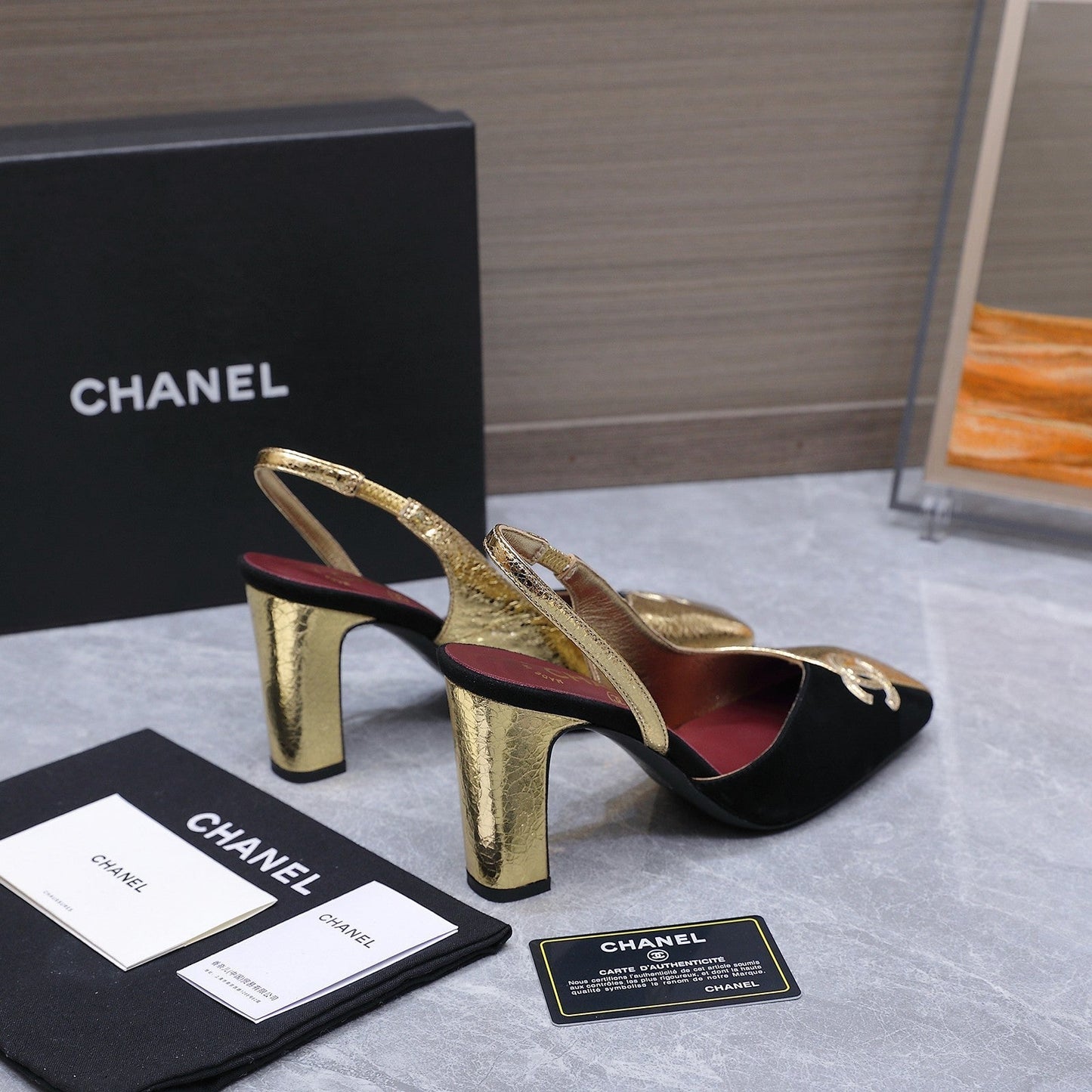 Chanel 2026 High-Heeled Slingback 85mm Black Gold Suede Leather 758409