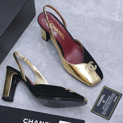 Chanel 2026 High-Heeled Slingback 60mm Black Gold Suede Leather 758409