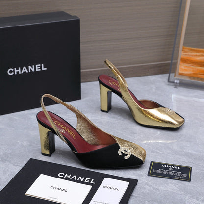 Chanel 2026 High-Heeled Slingback 85mm Black Gold Suede Leather 758409