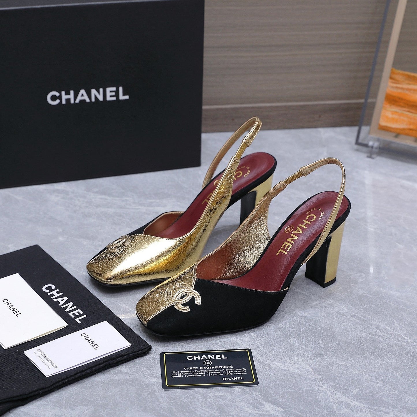 Chanel 2026 High-Heeled Slingback 60mm Black Gold Suede Leather 758409